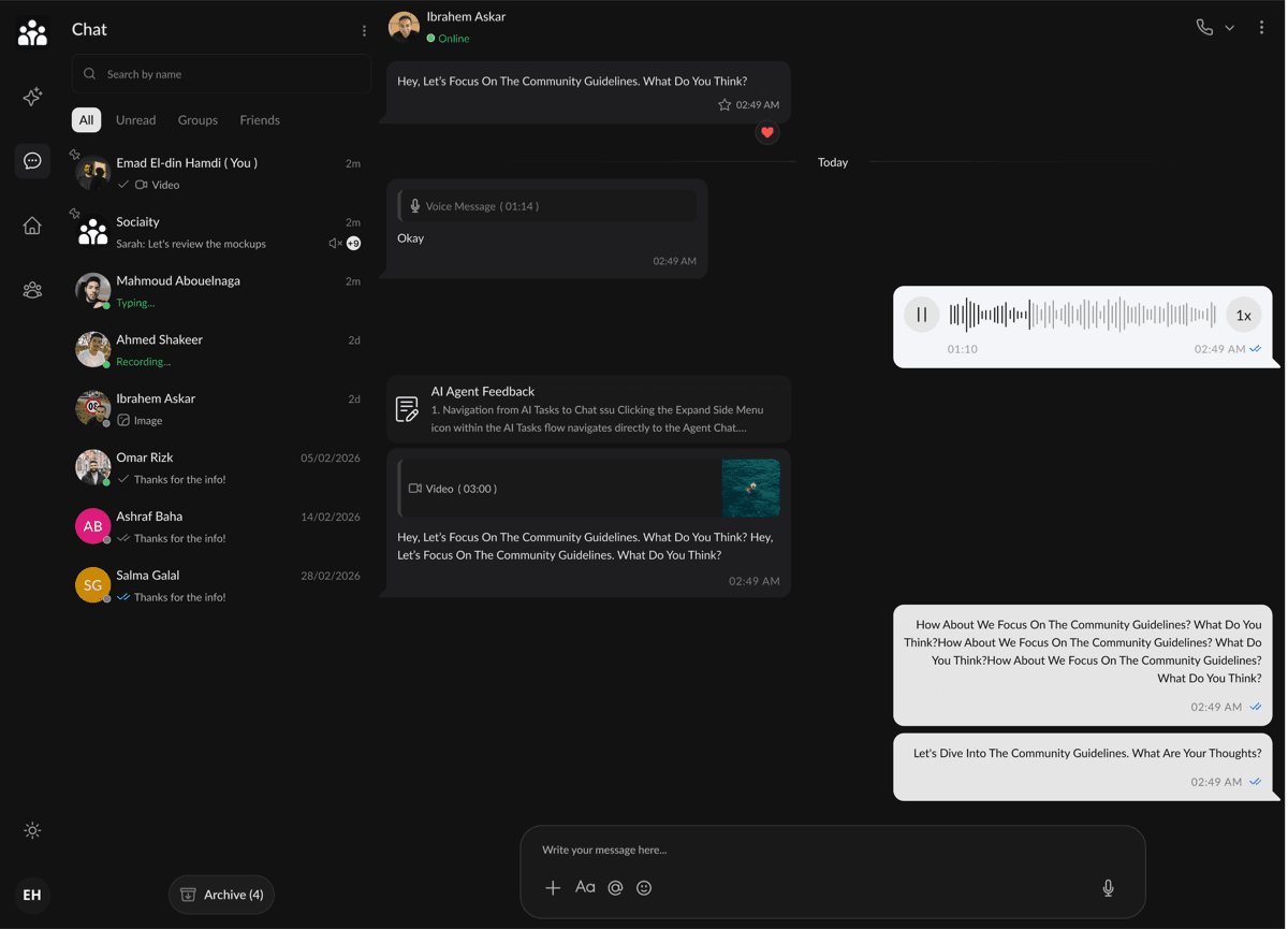 Sociaity Chat on the web: a conversation list with voice notes, files and AI Agent feedback