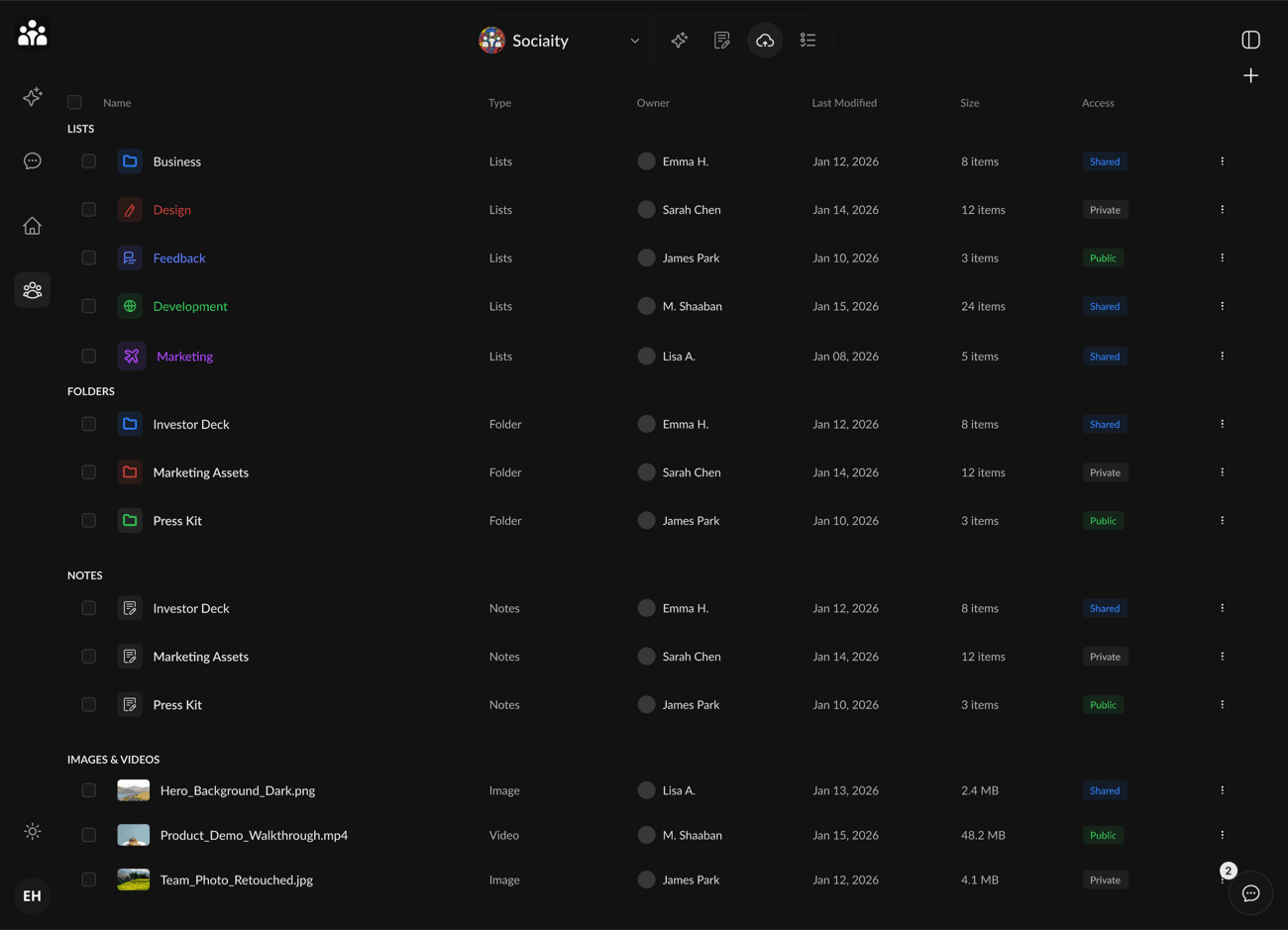 Sociaity Drive in list view with type, owner, size and access columns