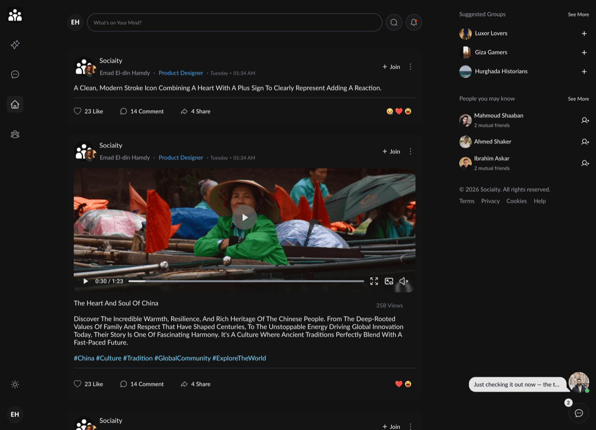 The Sociaity feed with group posts, a video, suggested groups and people you may know