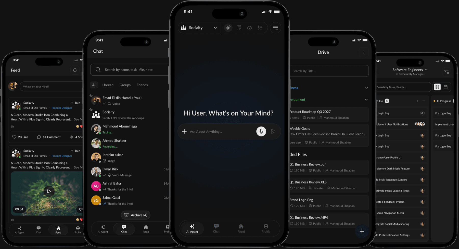 Sociaity on iPhone: Feed, Chat, AI Agent, Drive and Tasks screens